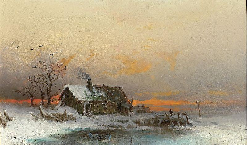 wilhelm von gegerfelt Winter picture with cabin at a river oil painting picture